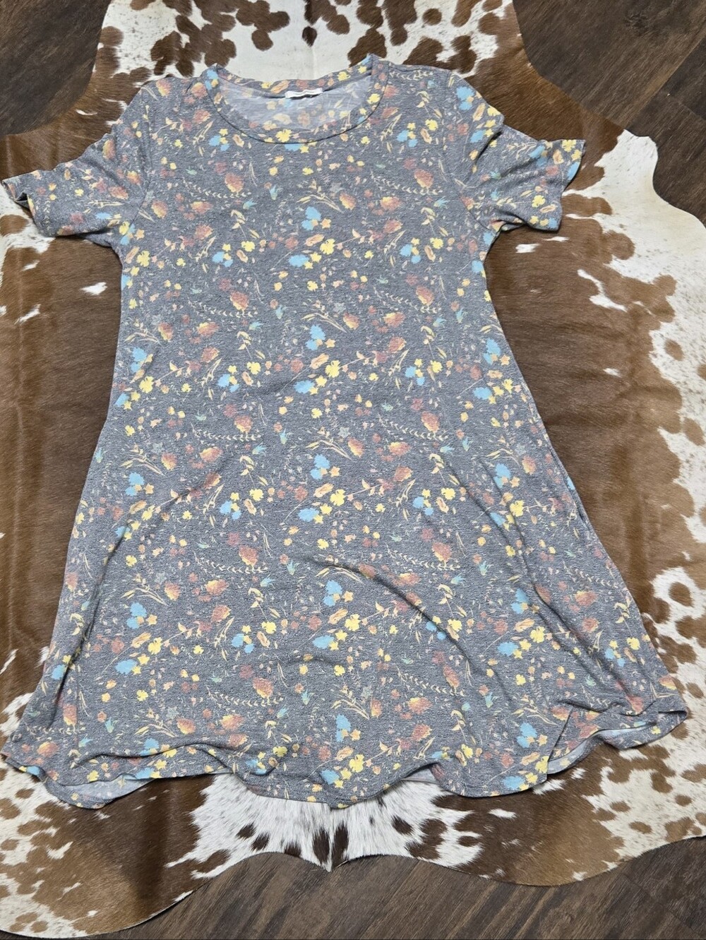 12 Pm By Mon Ami Gray Floral Y Shirt Dress with Yellow, Blue & Coral Flowers